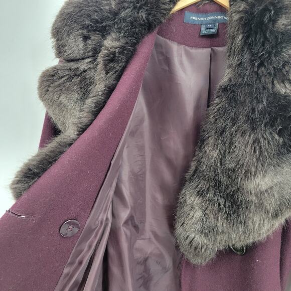 French Connection XS Fur Coat Collar Single Breasted Midi Maxi Purple Wine - Picture 4 of 7